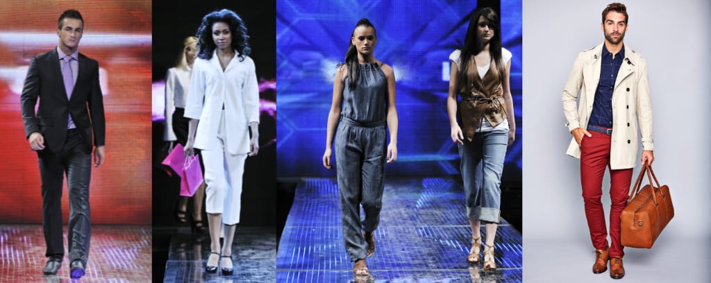 Photo collage of runway models wearing different styles of clothing, hair, and shoes.