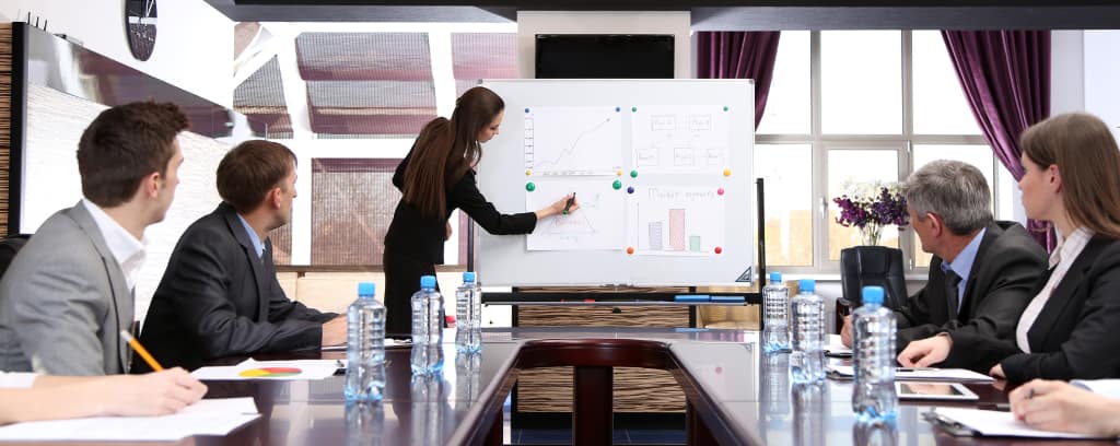 Photo of person leading a meeting and showing information on a white board.
