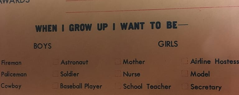 Photo of text from 1970s elementary school memory book limiting girls to roles such as mother, nurse, and school teacher.